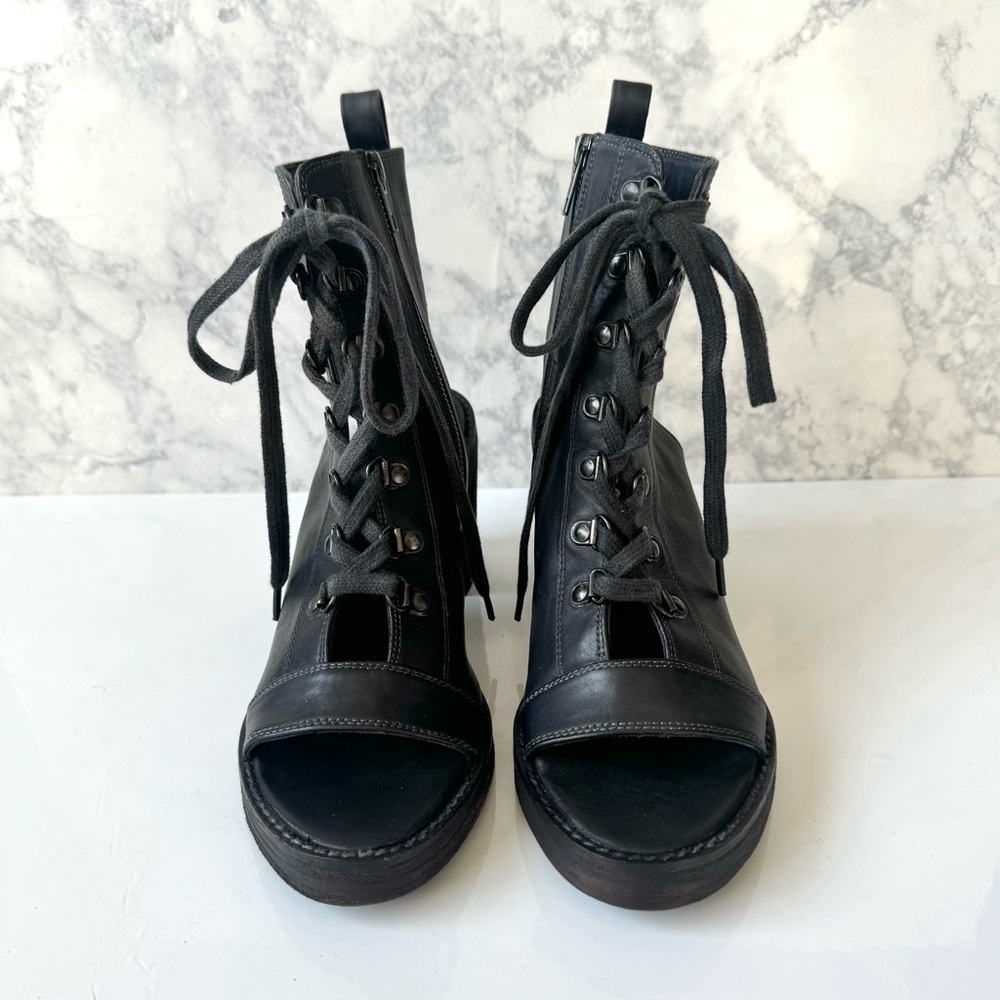 Free People City of Lights Black Cutout Lace Up Chunky Block Heel Sandals Sz 8.5
